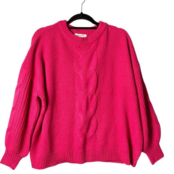 Zenana‎ Sweater Womens L Pink Chunky Cable Knit Pullover Sweater Crew Neck - Picture 1 of 11